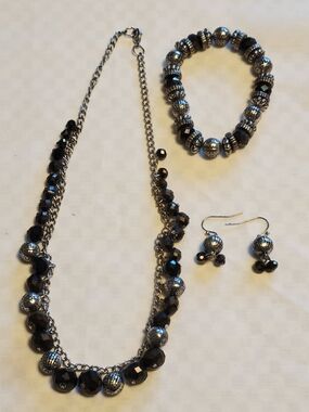Dark Brown Glass & Silver-Tone Beaded Jewelry Set: Necklace, Bracelet & Earrings